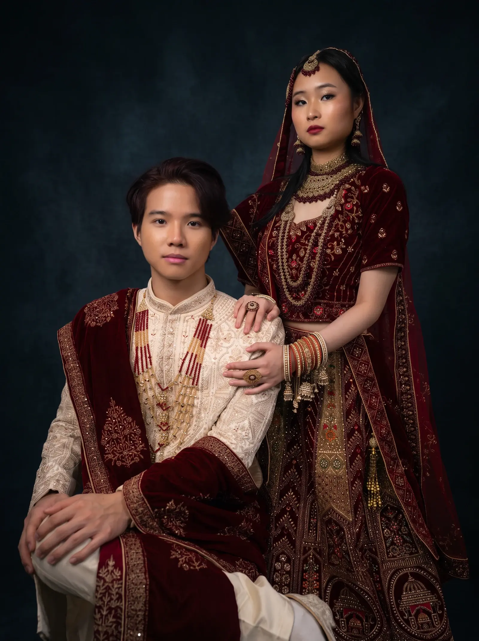 Burgundy bridal couple styled by GlamourdollSG in a studio photoshoot