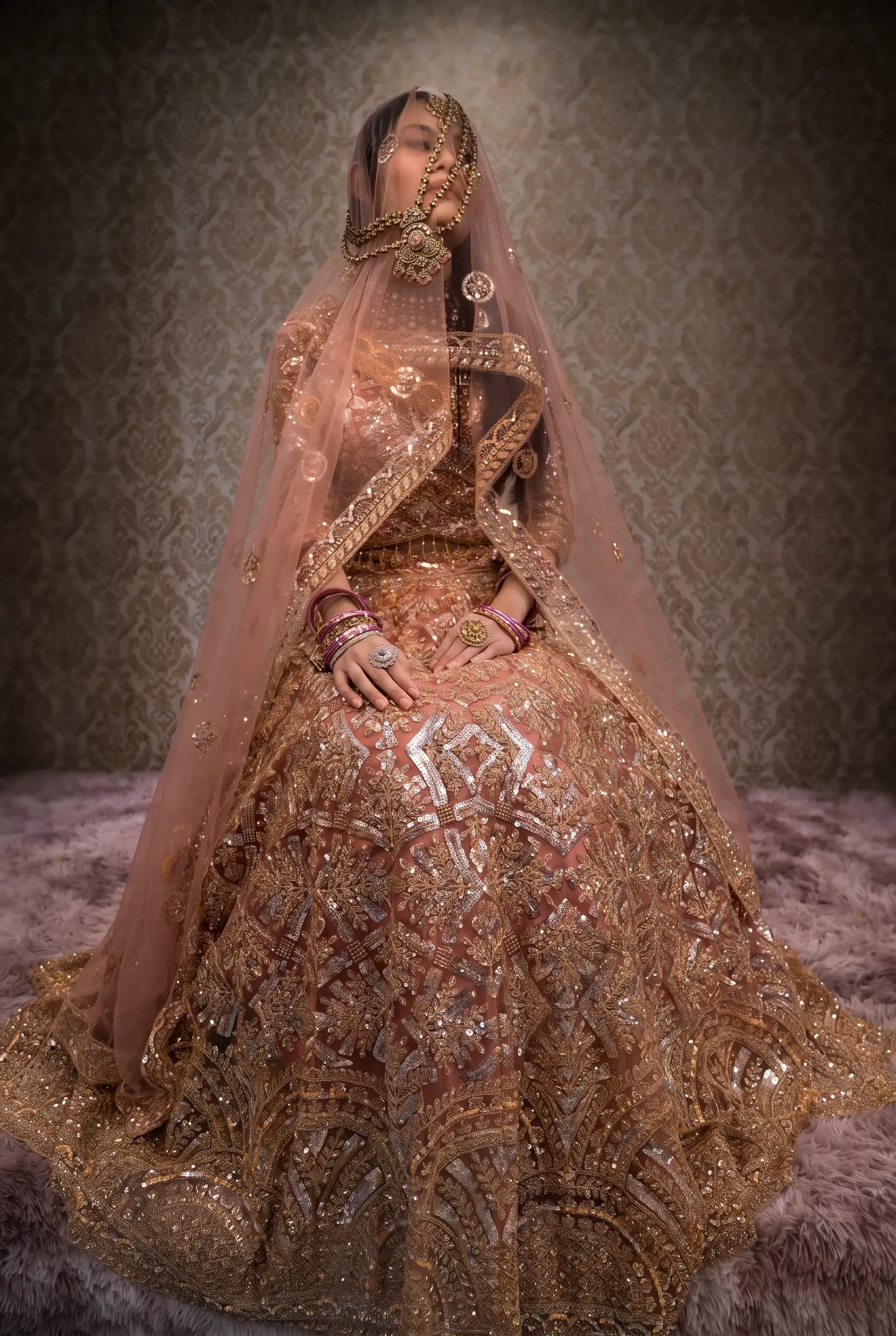 Peach bridal portrait styled by GlamourdollSG in a studio photoshoot