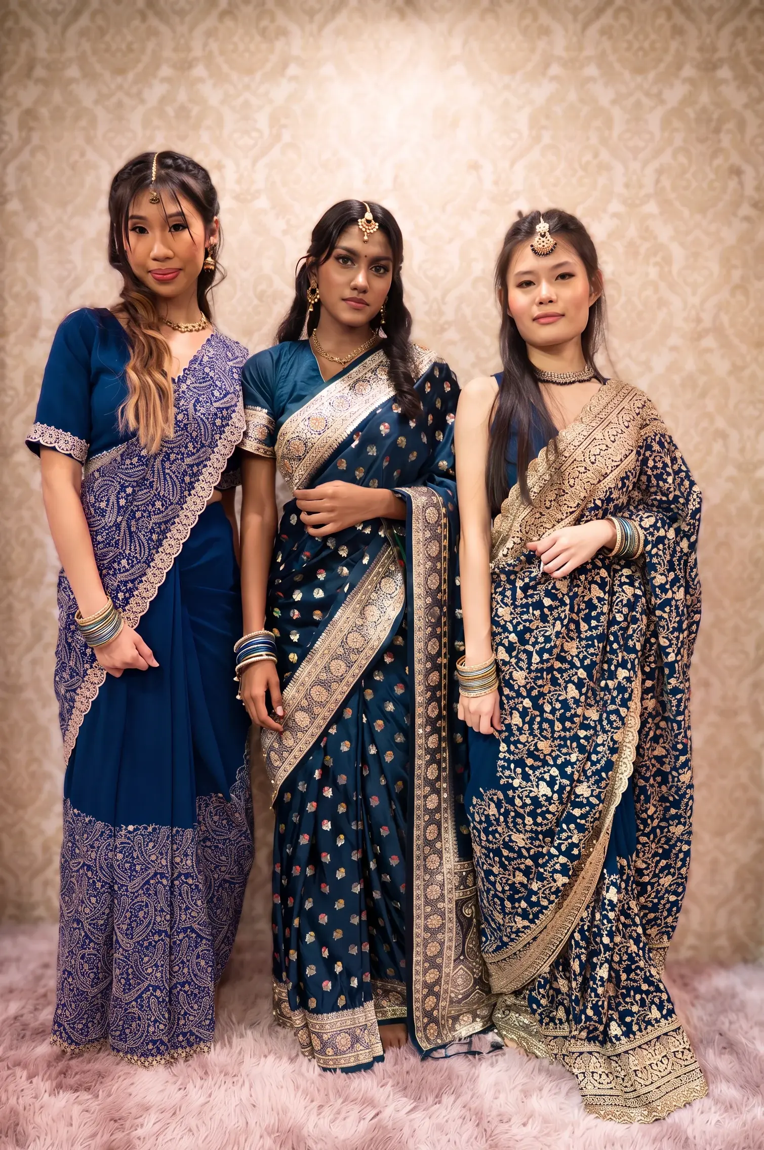 Three coordinated sarees styled by GlamourdollSG in a studio photoshoot