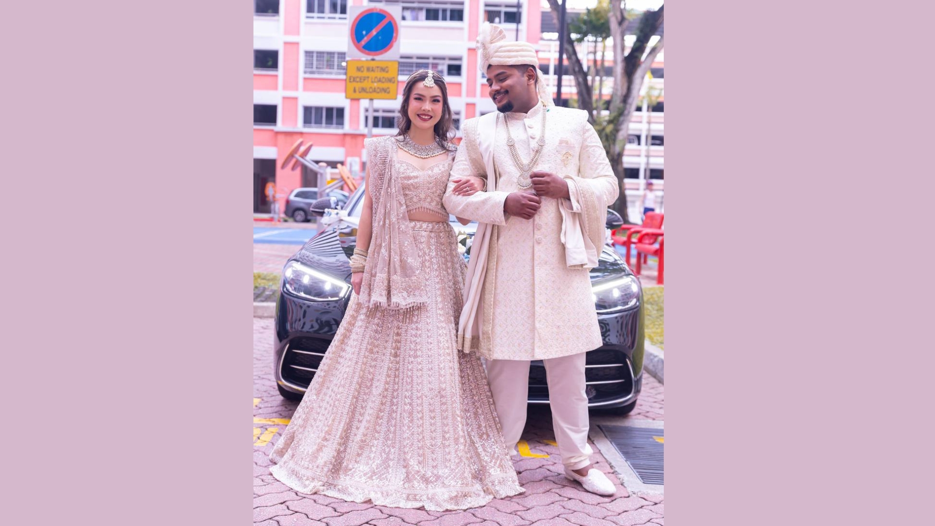 Maroon and cream contemporary couple set with coordinated embroidery