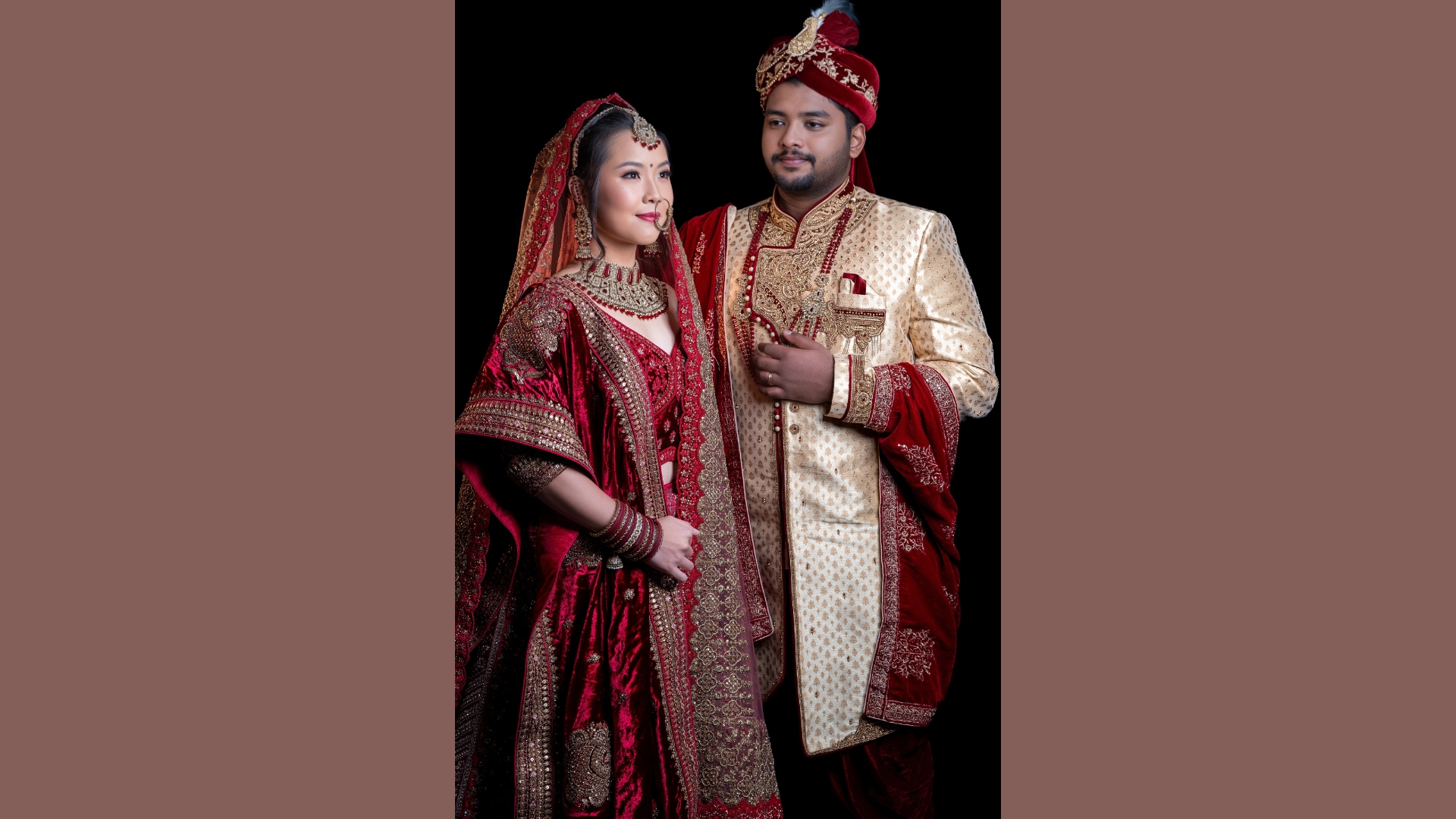 Burgundy and gold traditional couple outfit with matching accessories