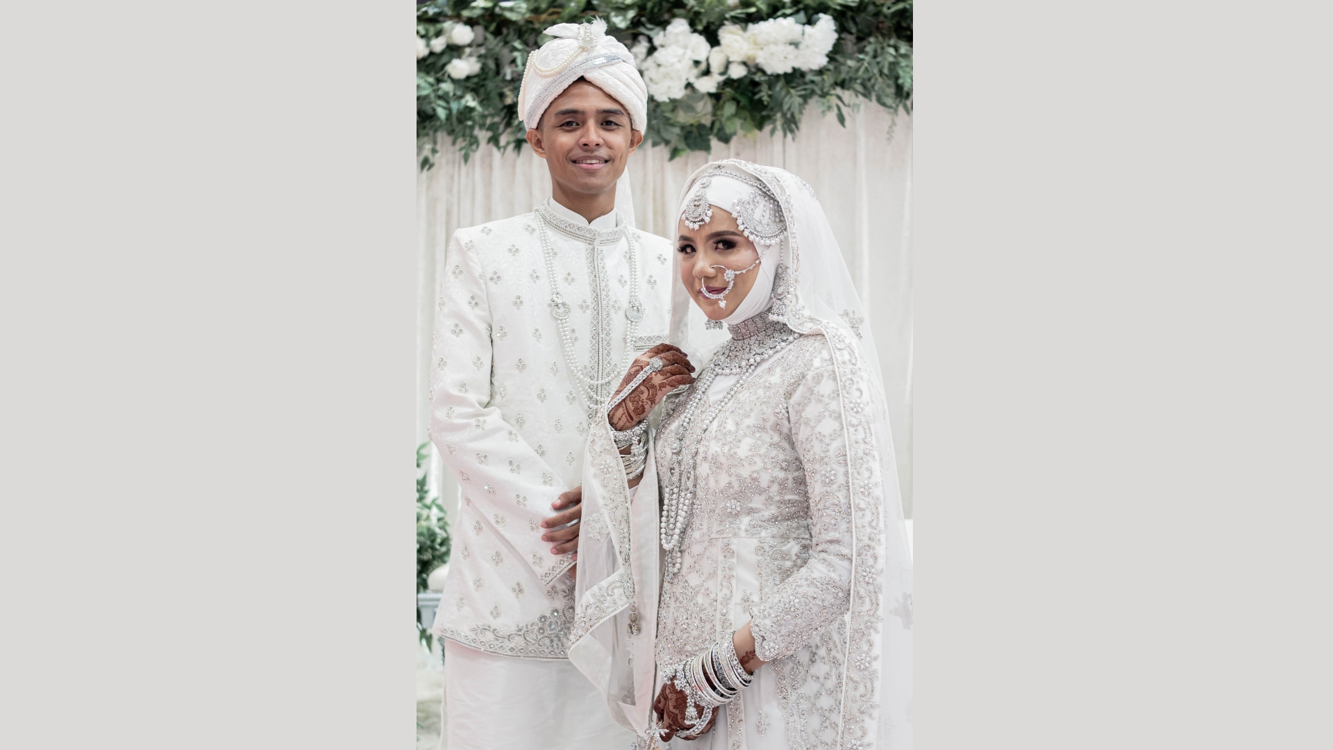 Peach and champagne modern couple set for elegant wedding ceremonies